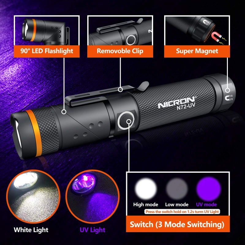 NICRON UV Flashlight, N72-UV 800LM White Light, Freely Switch Between White Light and UV Light Detector for Dog Urine, Wet Stains Bed Bugs,Camping, Outdoor,Maintain (18650/AAA Not Included) - Image 3